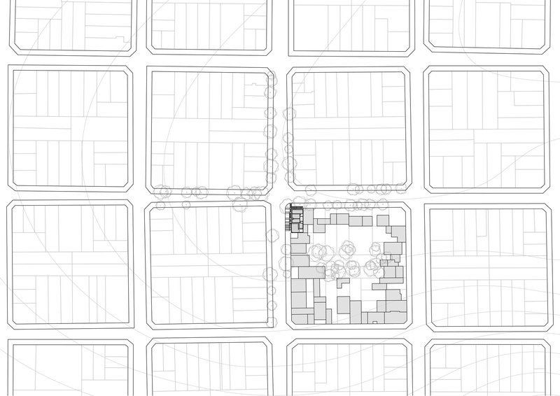 Site plan drawing showing rectangular volumes and trees within urban block grid