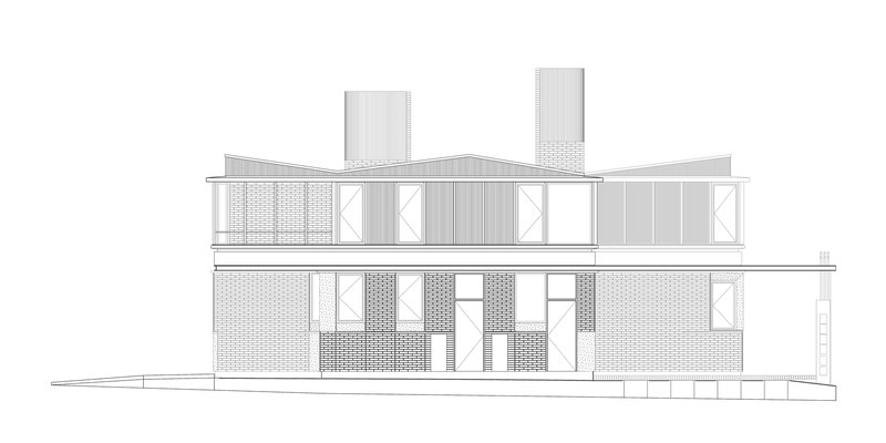 Elevation drawing showing two-story facade with upper deck balustrade, brick panels, and two chimney stacks
