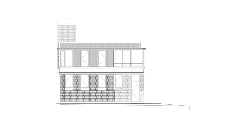Elevation drawing showing side facade with brick chimney, upper level balcony, and vertical cladding panels