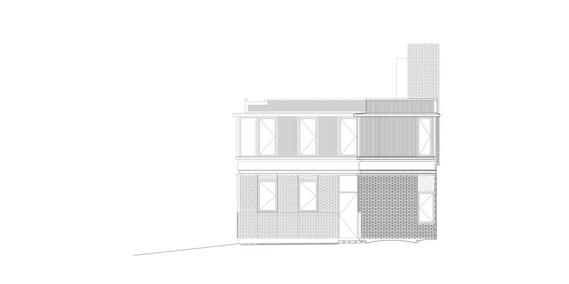 Elevation drawing showing rear facade with brick chimney, balcony railing, and mixed material wall surfaces