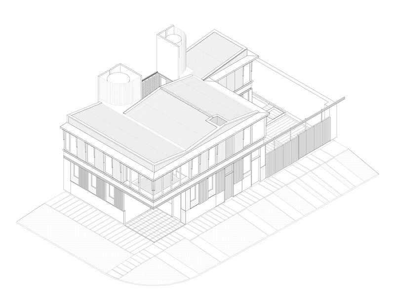 Axonometric drawing showing flat-roofed volumes with vertical towers and surrounding paved courtyard