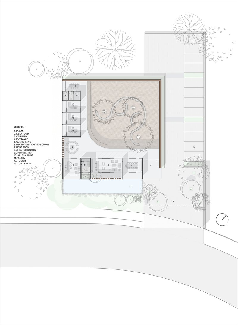 Site plan drawing showing rectangular building footprint with three curved courtyard volumes surrounded by landscaping