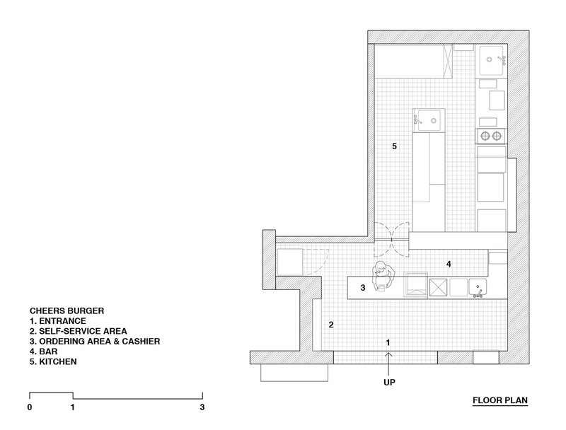 Floor plan drawing showing entrance, service area, ordering counter, bar and kitchen zones