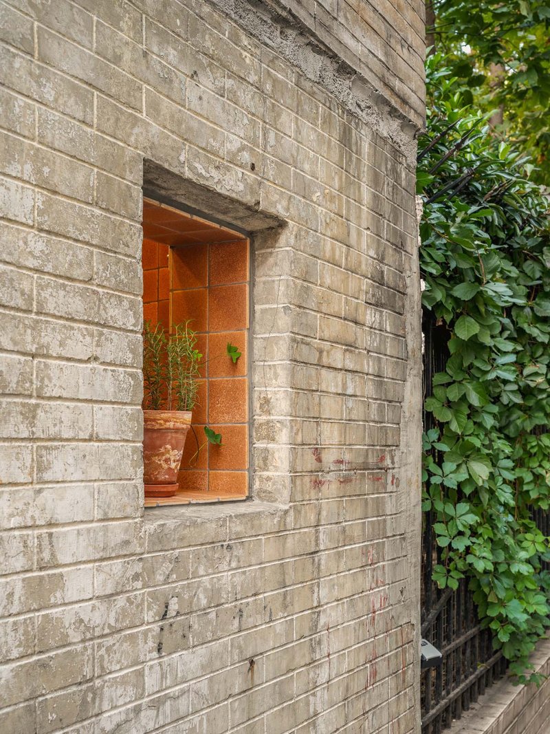 Small window opening framed in weathered concrete block with a potted plant and climbing vines