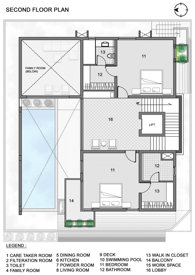 Second floor plan showing two bedroom suites flanking a central lobby with views over the pool void