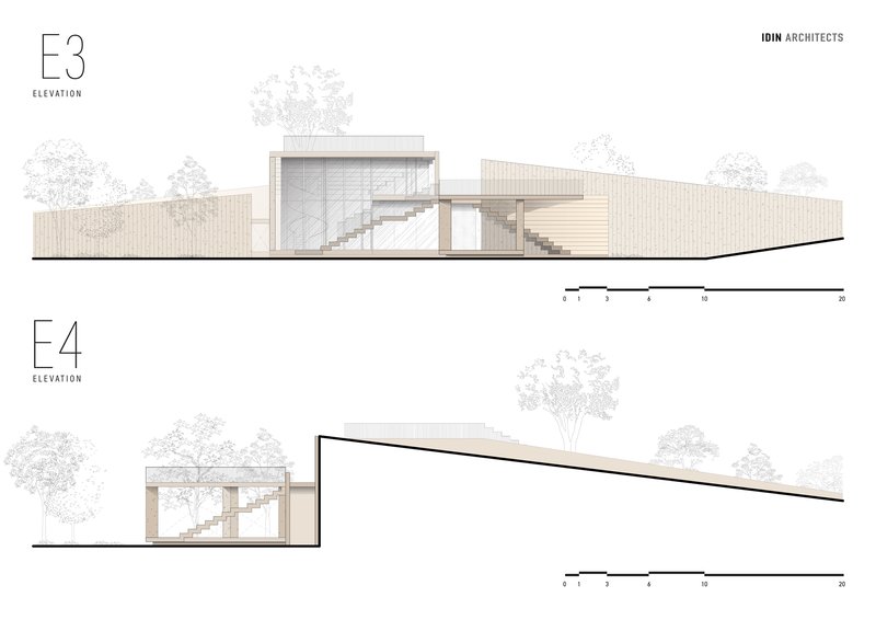 Elevation drawings depicting volumes with horizontal cladding on sloped ground and scattered trees