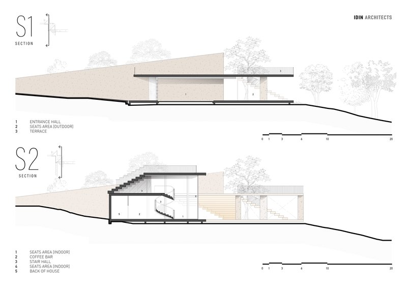 Section drawings revealing interior staircases and spatial relationships within the sloping site