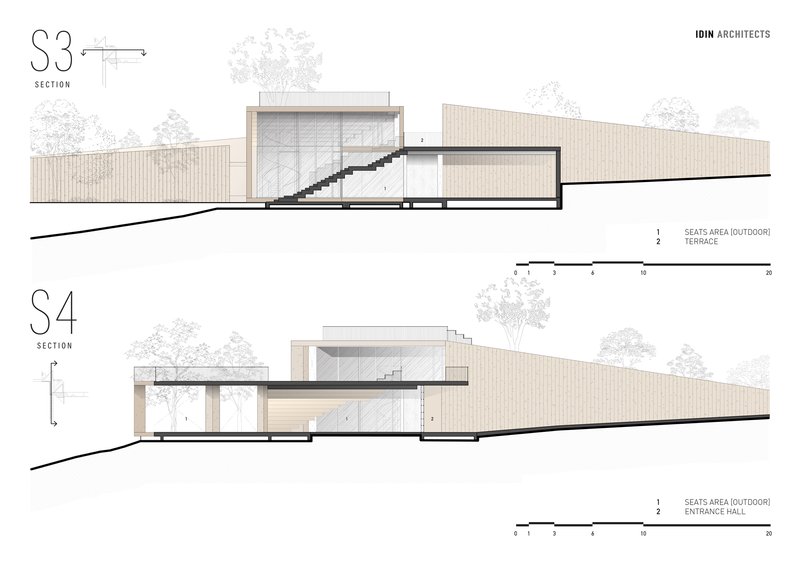 Section drawings showing the building cutting into the hillside with terraces and interior volumes
