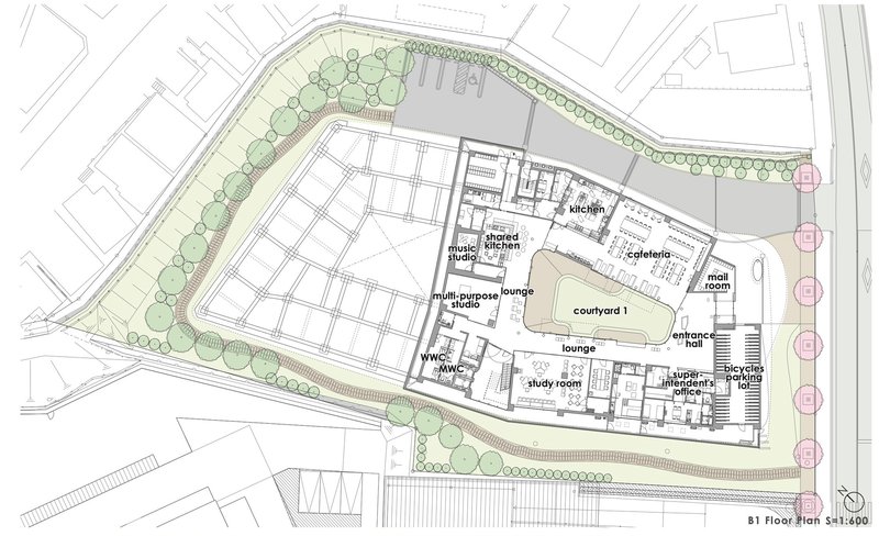 Site plan drawing showing the building footprint with labeled interior spaces and perimeter landscaping
