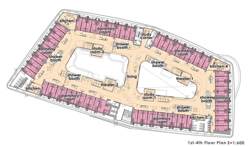 Floor plan drawing showing dormitory rooms along the perimeter and communal spaces around central voids