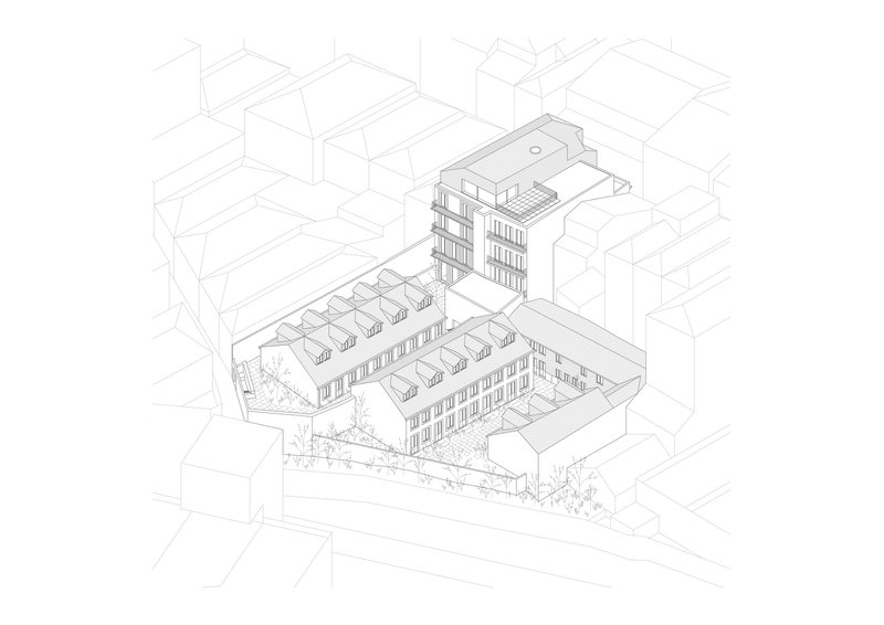 Axonometric drawing showing a multi-story building with sawtooth roofline within its urban block context