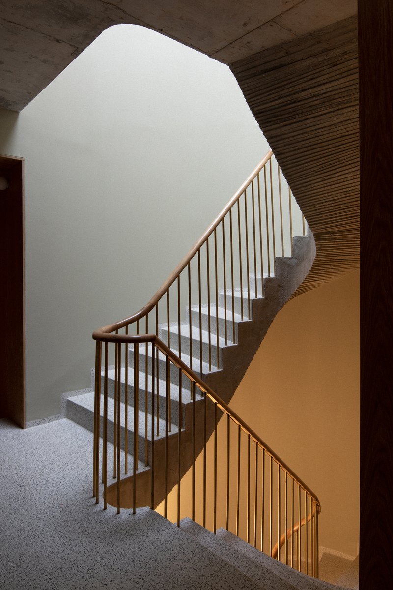 Curving staircase with brass railings casting shadows on white walls under timber ceiling slats