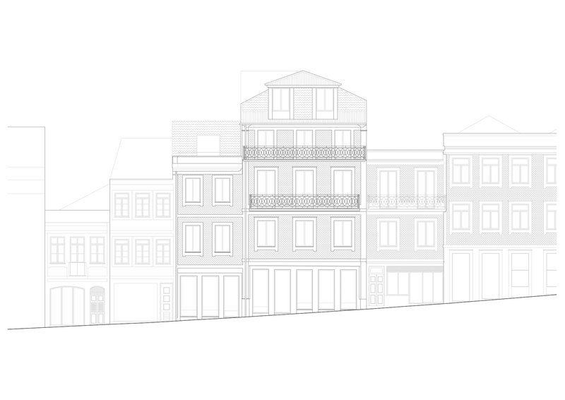 Street elevation drawing of a four-storey townhouse with balconies flanked by neighboring buildings
