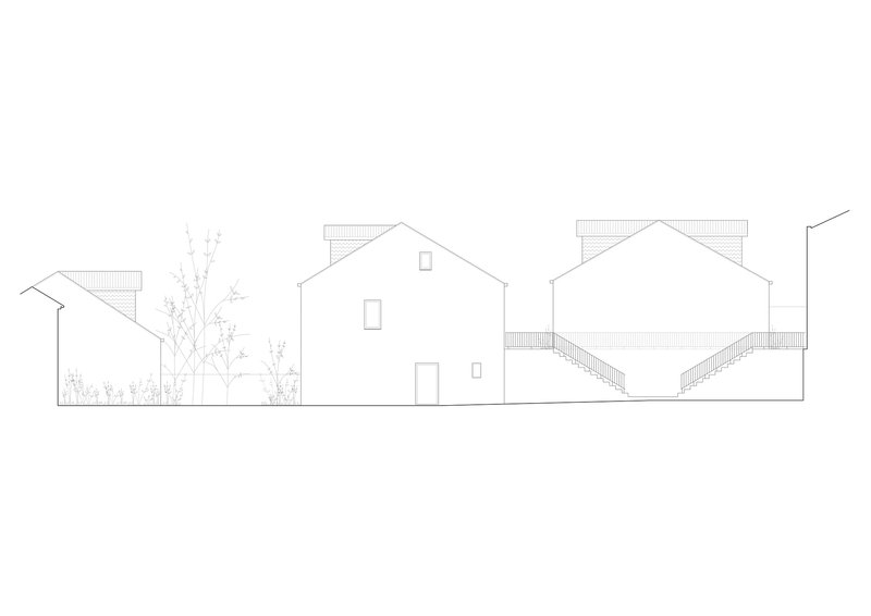 Side elevation drawing showing gabled houses with exterior stairs and garden vegetation