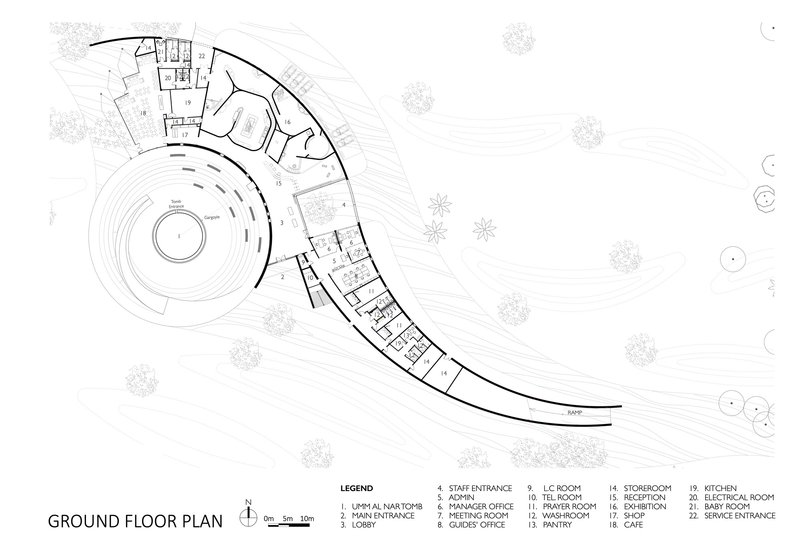 Ground floor plan drawing showing crescent-shaped layout with circular amphitheater and interior rooms
