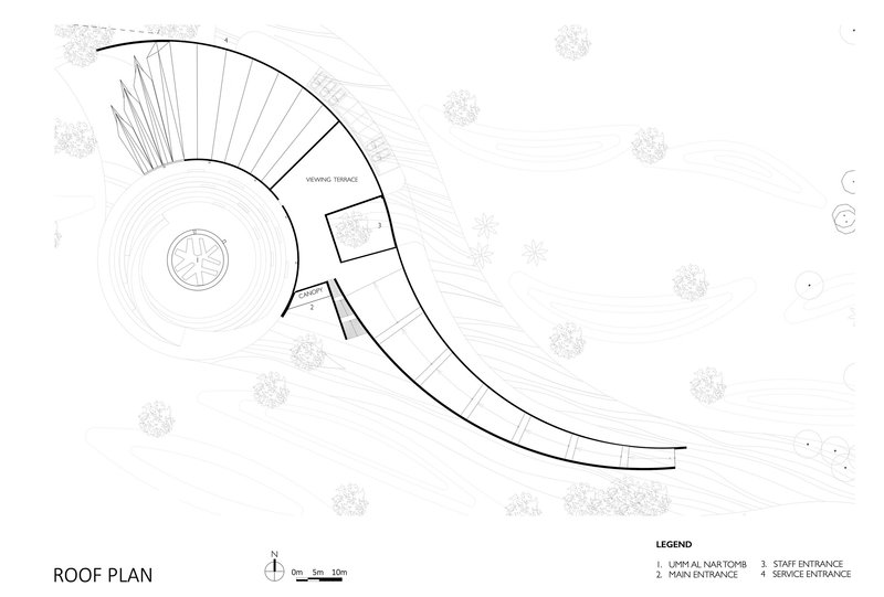 Roof plan drawing showing curved structure with viewing terrace and central skylight