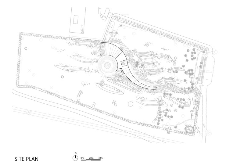 Site plan drawing showing curved building form with amphitheater and landscape plantings
