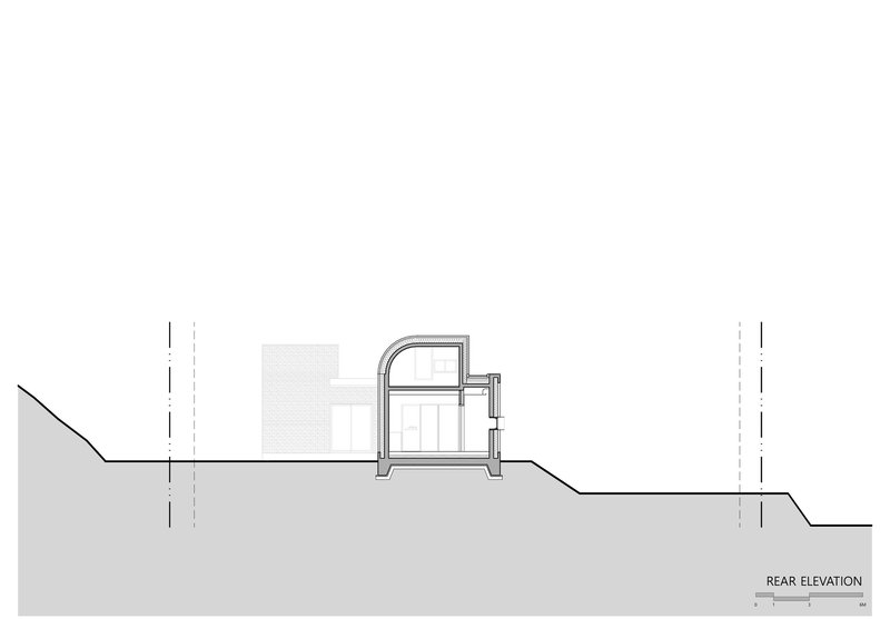 Section drawing through the hillside showing the relationship between interior levels and sloping terrain