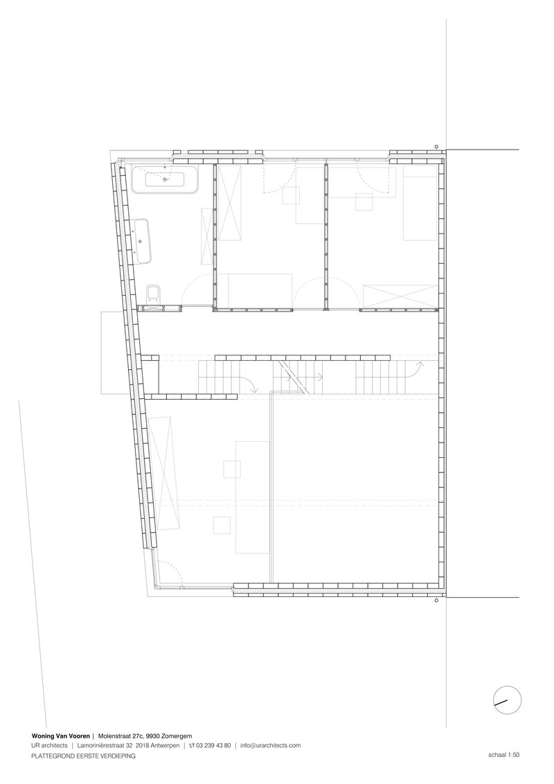 Floor plan drawing showing upper level with bathroom, bedrooms, and stair hall