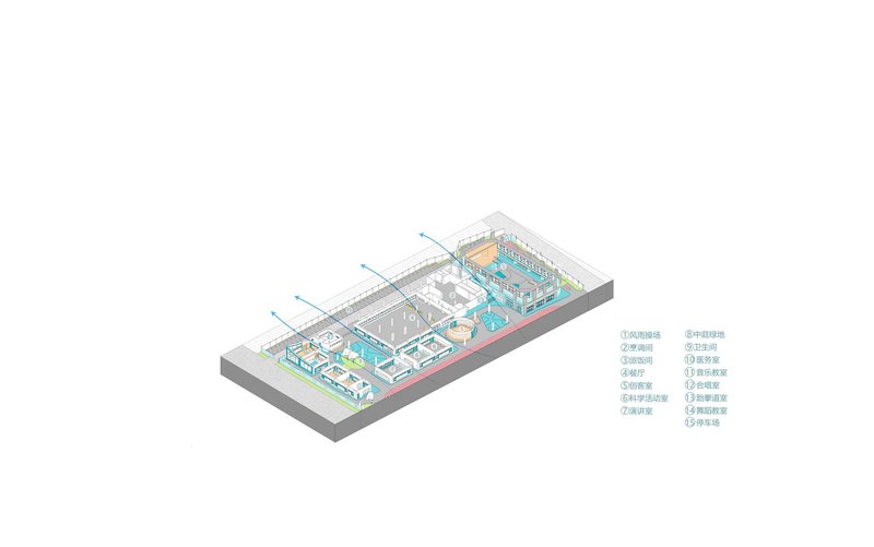 Axonometric drawing showing building interior organization with courtyard, swimming pool, and labeled program zones