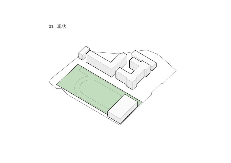 Isometric drawing showing existing building volumes around a green playing field with contour lines