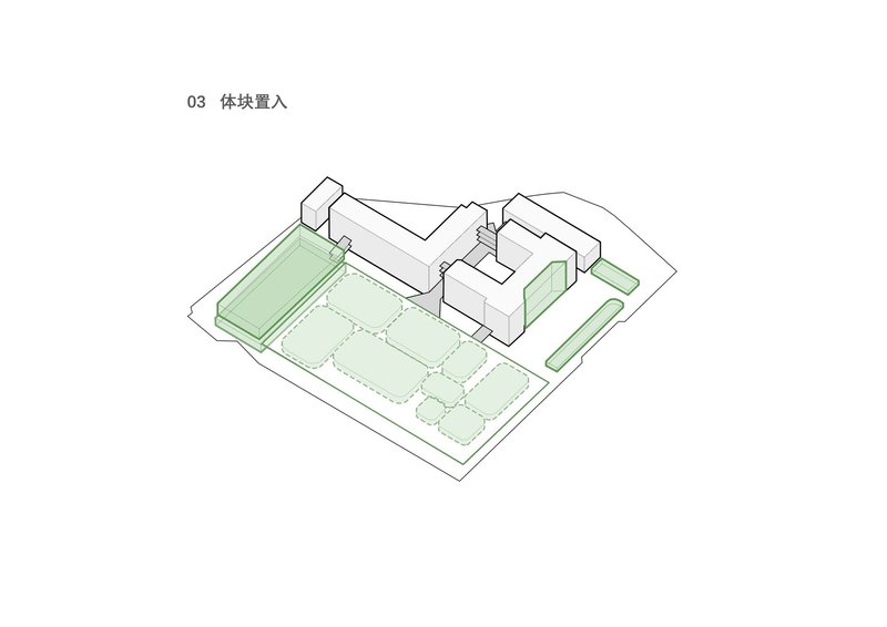 Isometric drawing showing proposed building volumes with green outdoor courts and landscaped areas inserted between structures