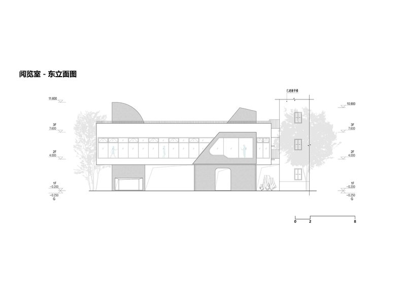 East elevation drawing showing the horizontal volume with tower element and adjacent trees