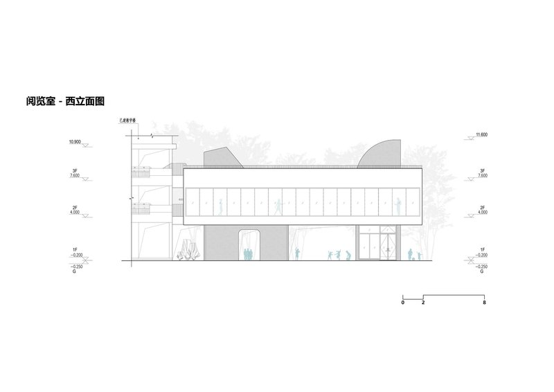 West elevation drawing depicting the horizontal mass with curved roof forms and ground-level openings