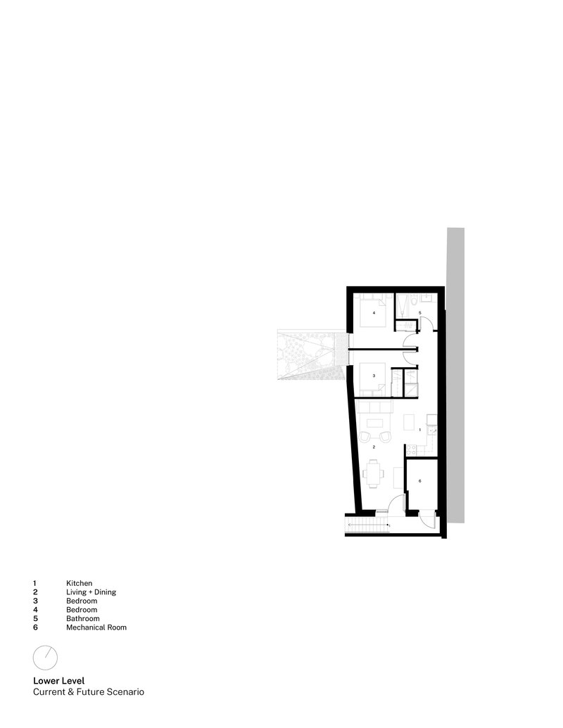 Floor plan drawing showing lower level layout with bedroom, living areas and mechanical room