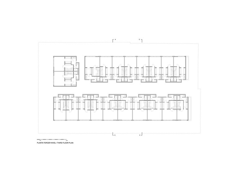 Third floor plan drawing showing residential units with a corner volume separated from the main linear bar