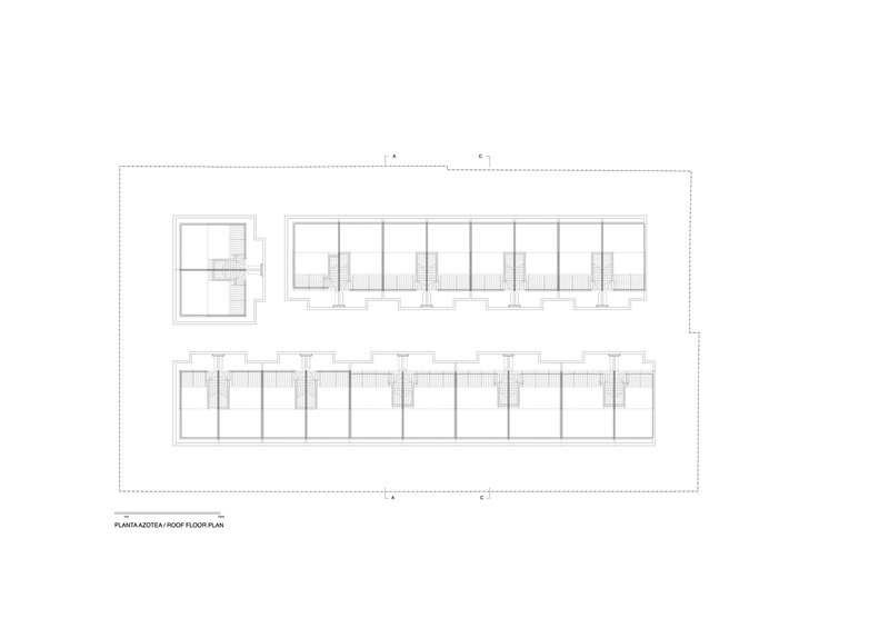 Roof floor plan drawing showing two residential wings with repeating unit modules and central circulation cores