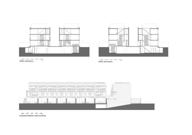 Section and elevation drawings showing multi-story residential blocks with stairs and interior spatial divisions
