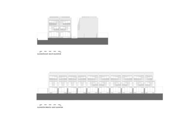The image presents two architectural elevations: a south elevation and an east elevation of a multi-