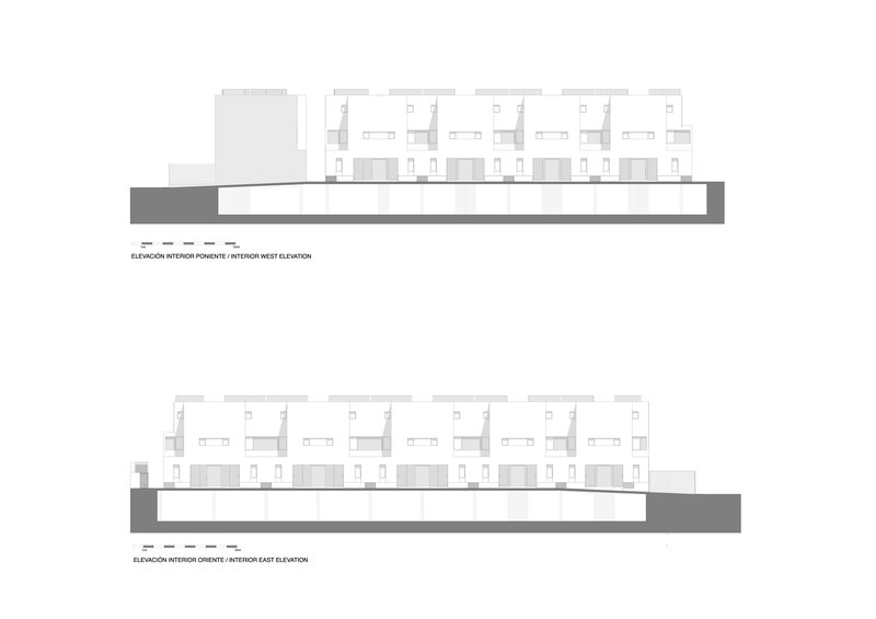 Interior elevation drawings showing west and east courtyard facades with balconies and window openings