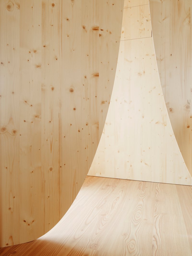 Curved plywood wall meeting flat timber floor in soft natural light