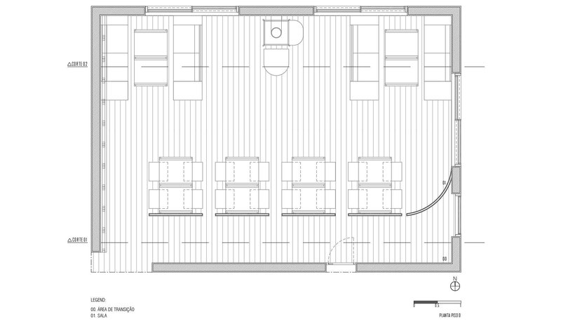 Floor plan drawing showing four seating alcoves arranged along a corridor with a central service core
