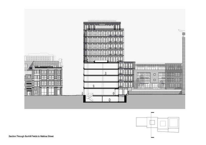 Section drawing showing a multi-storey tower rising above lower adjacent structures with basement levels