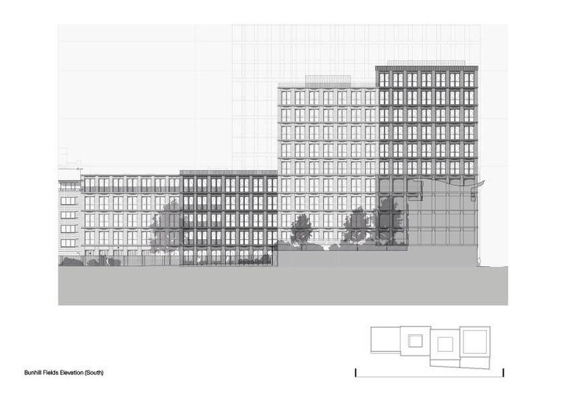 Elevation drawing depicting a series of connected buildings with gridded facades along a street frontage