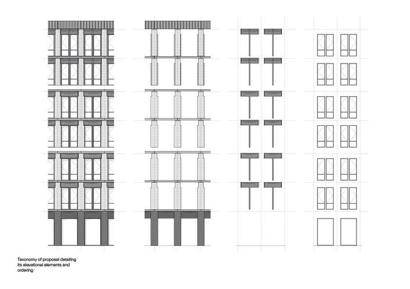 Elevational taxonomy drawing showing four facade cladding variations with columns and spandrel panels