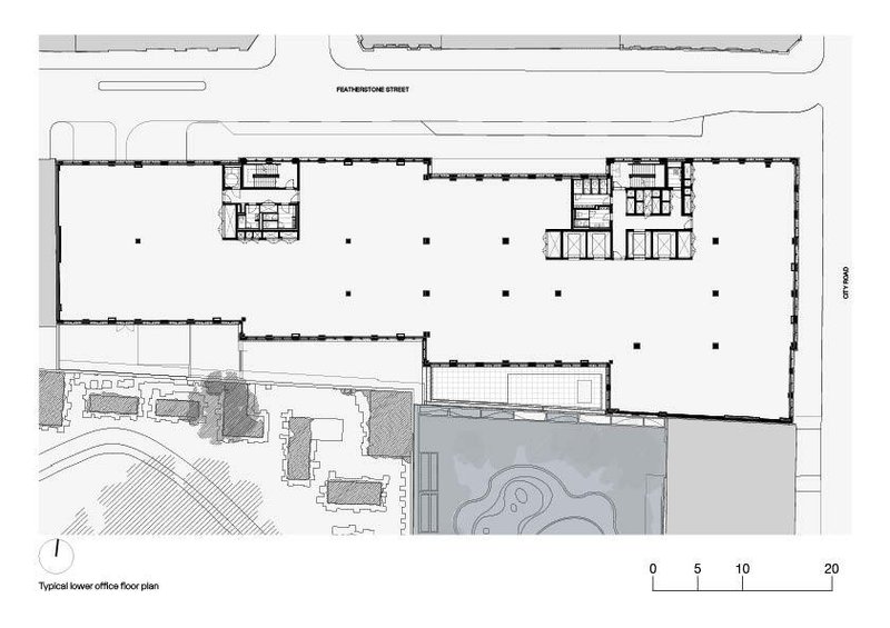 Typical lower office floor plan drawing with open workspace zones and perimeter columns