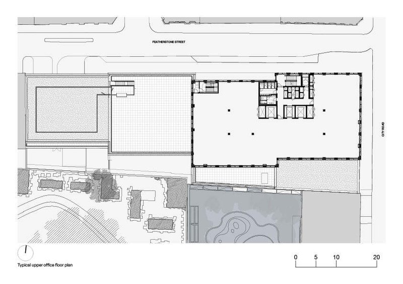 Typical upper office floor plan drawing showing rooftop terrace and reduced interior footprint