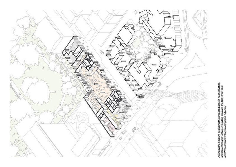 Axonometric drawing illustrating the stacked volumes with surrounding streets and trees in line work