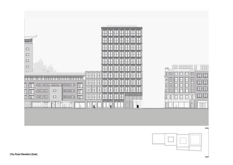 East elevation drawing showing a tall gridded tower flanked by lower volumes with human figures at street level