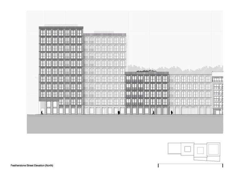 North elevation drawing depicting four stepped building volumes with repetitive window grids and rooftop vegetation