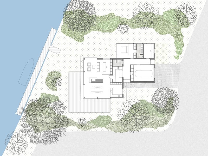 Site plan drawing showing the residence surrounded by landscaping and adjacent to a body of water