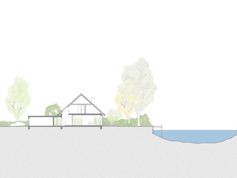 Section drawing depicting the gabled roof structure with trees and water in the landscape