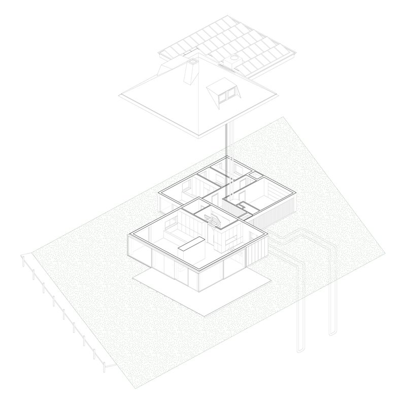 Exploded axonometric drawing revealing the floor plan, roof structure, and solar panel array