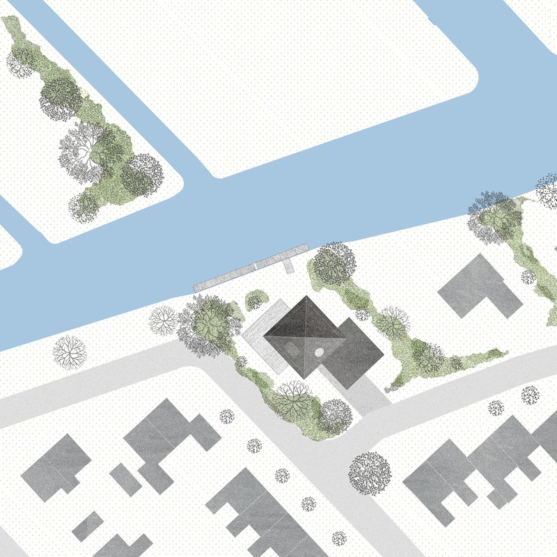 Site plan drawing showing the building footprint between a waterway and landscaped street