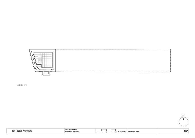 Basement plan drawing showing the narrow footprint with glass brick courtyard at the angled corner