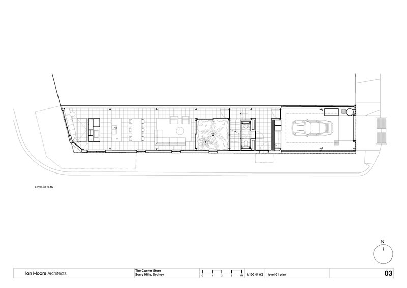 Ground level plan drawing showing living spaces, courtyard, and garage along the elongated site